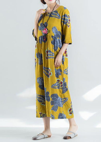 100% Yellow Prints Linen Dress Catwalk High Waist Summer Dresses