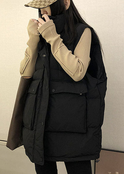 Boutique Black Loose Stand Collar Pockets Winter Down Vest
