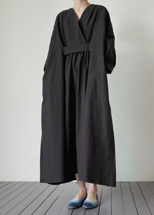 Black V Neck Pockets Cotton Dresses Long Sleeve