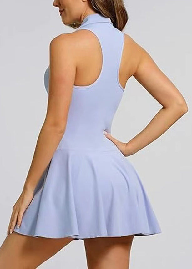 Sky Blue Notched Collar Backless Mini Dress One Piece Workout Suit
