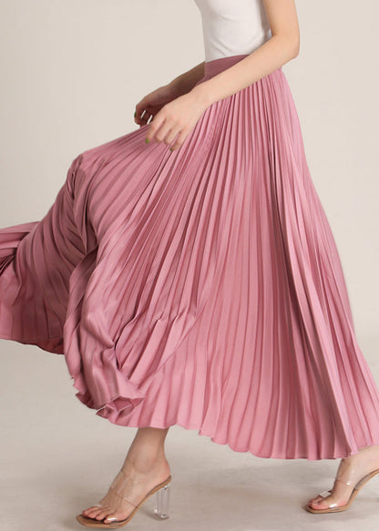 Pink High Waist Silk Pleated Skirt Zippered