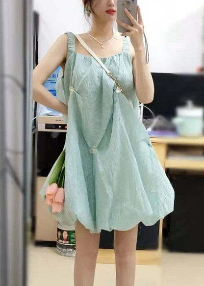 Green Square Collar Original Design Cotton Spaghetti Strap Dress Sleeveless