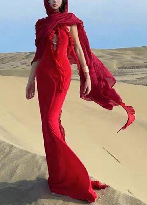 Boutique Red Ruffled Halter Backless Long Dress Summer