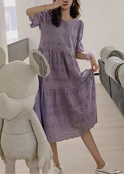 Purple Embroidered Hollow Out Patchwork Cotton Dress Puff Sleeve