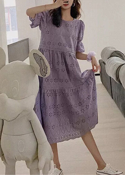 Purple Embroidered Hollow Out Patchwork Cotton Dress Puff Sleeve