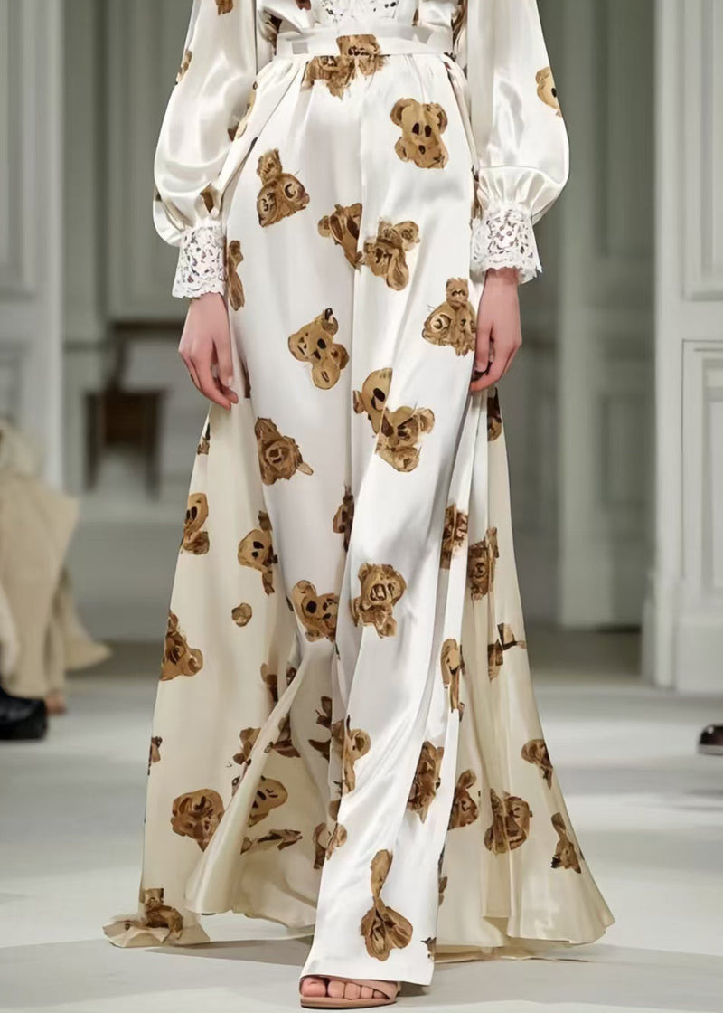 Little Bear Print Patchwork Lace Silk Long Dress Spring
