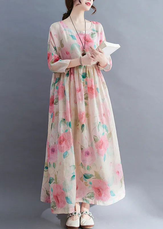 O-neck Cinched Print Vacation Dress Three Quarter Sleeve