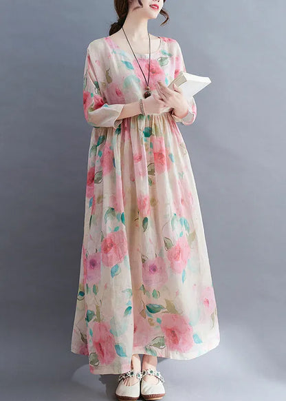 O-neck Cinched Print Vacation Dress Three Quarter Sleeve