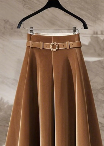 Coffee High Waist Sashes Silk Velvet Maxi Skirt Spring
