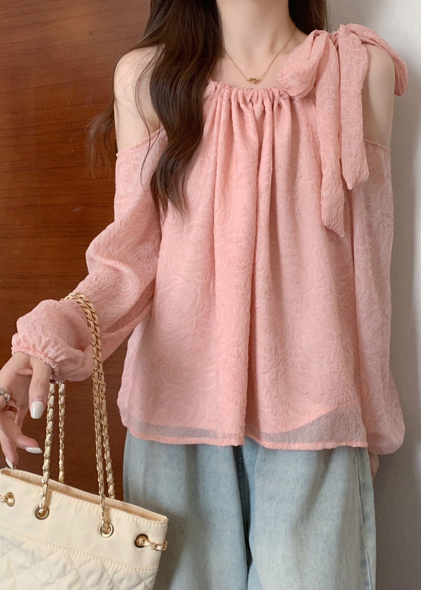 Pink Cold Shoulder Bow Chiffon Shirt Tops Fall
