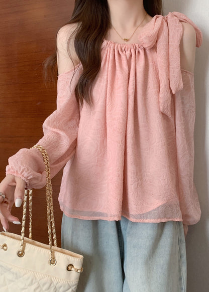 Pink Cold Shoulder Bow Chiffon Shirt Tops Fall