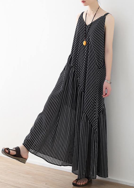 Black Striped Chiffon Clothes Outfits Spaghetti Strap Asymmetric Robe Summer Dresses