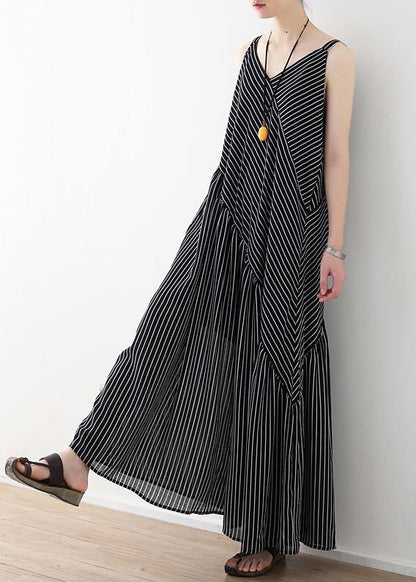 Black Striped Chiffon Clothes Outfits Spaghetti Strap Asymmetric Robe Summer Dresses