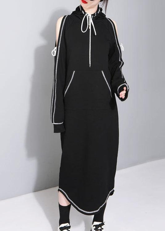 Black Cold Shoulder Hooded Long Summer Cotton Dress