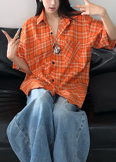 Orange Oversized Plaid Cotton Top Summer