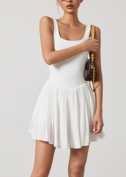 White U Neck Wrinkled Tennis Dress Sleeveless