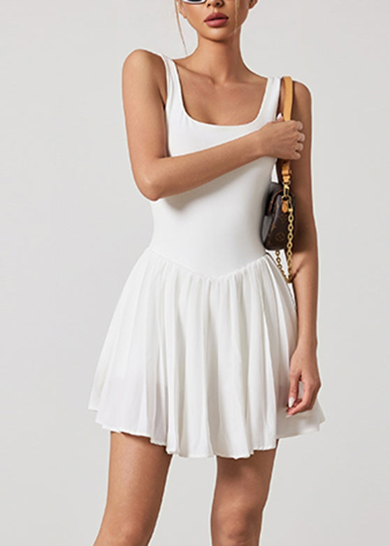 White U Neck Wrinkled Tennis Dress Sleeveless