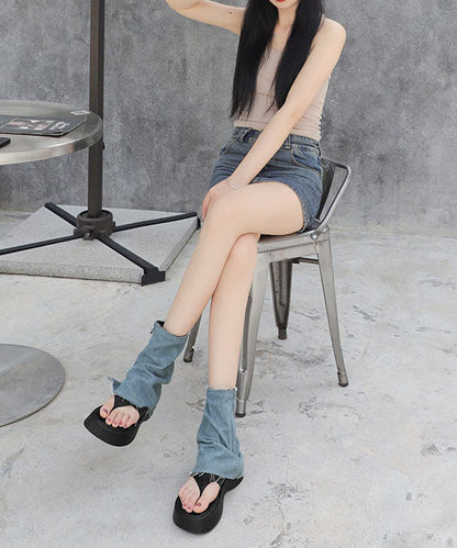Diy Blue Thong Sandals Denim Retro Splicing Boots Zippered