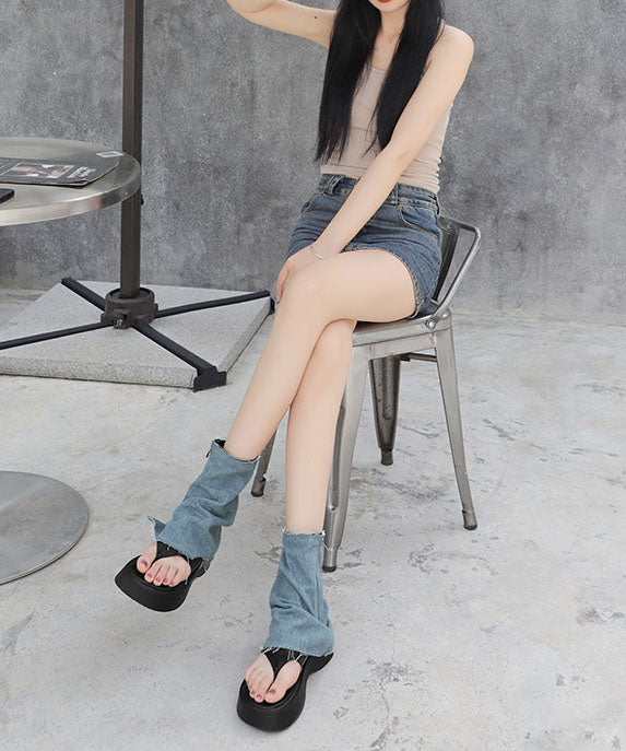 Diy Blue Thong Sandals Denim Retro Splicing Boots Zippered