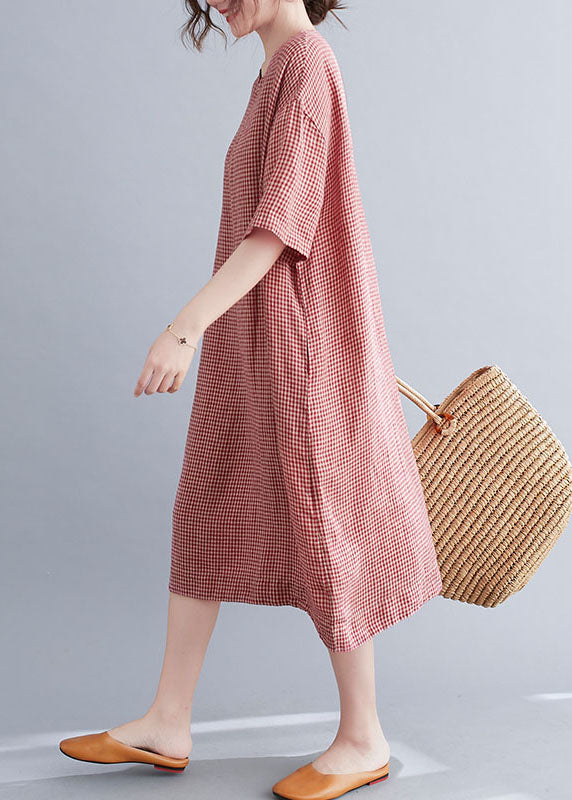 Red Pockets Plaid Cotton Vacation Dresses Short Sleeve