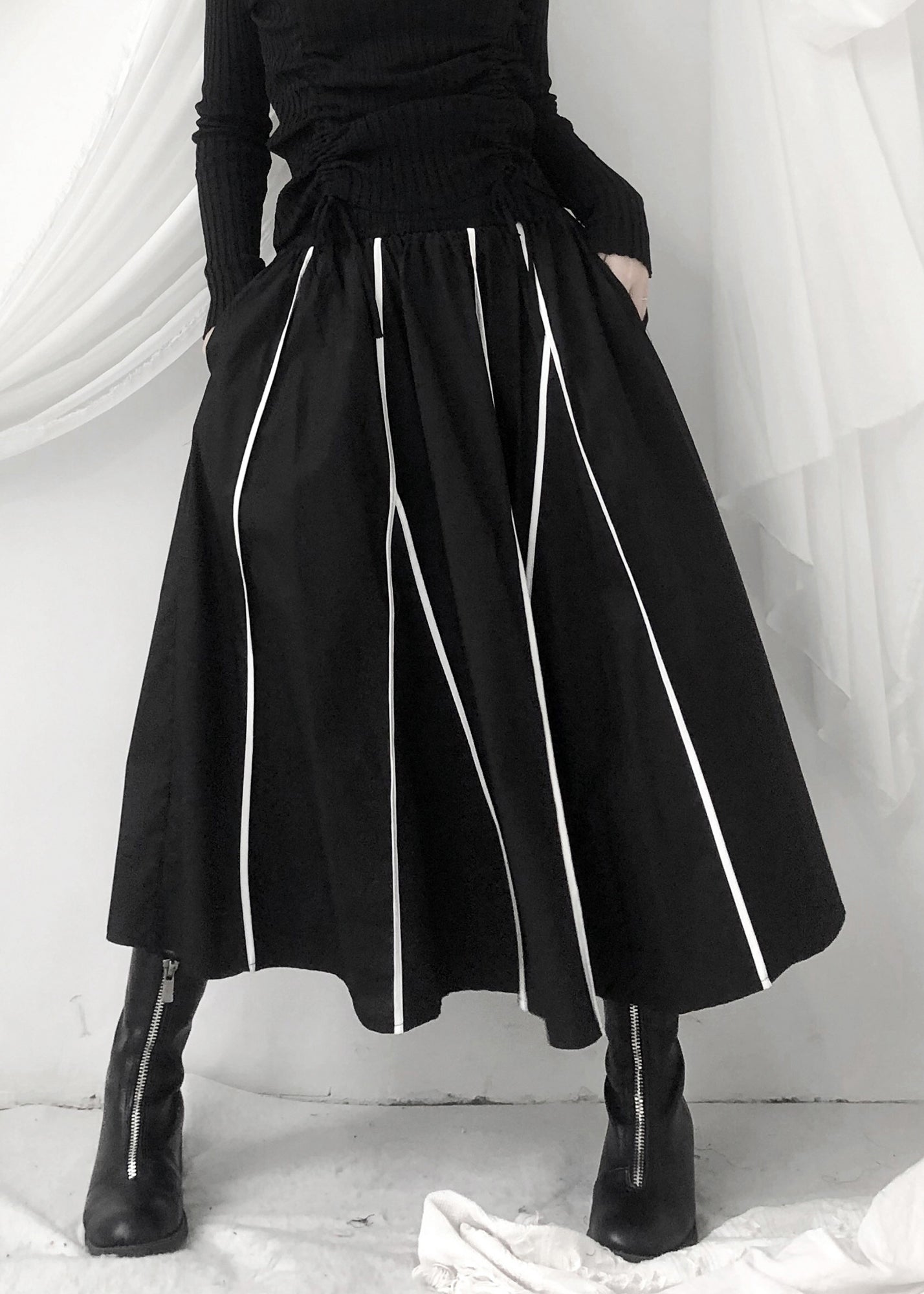 Black Striped Patchwork Pockets Elastic Waist Skirt Fall
