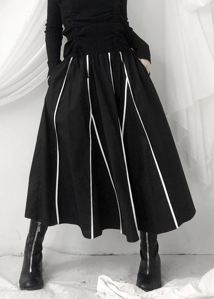 Black Striped Patchwork Pockets Elastic Waist Skirt Fall