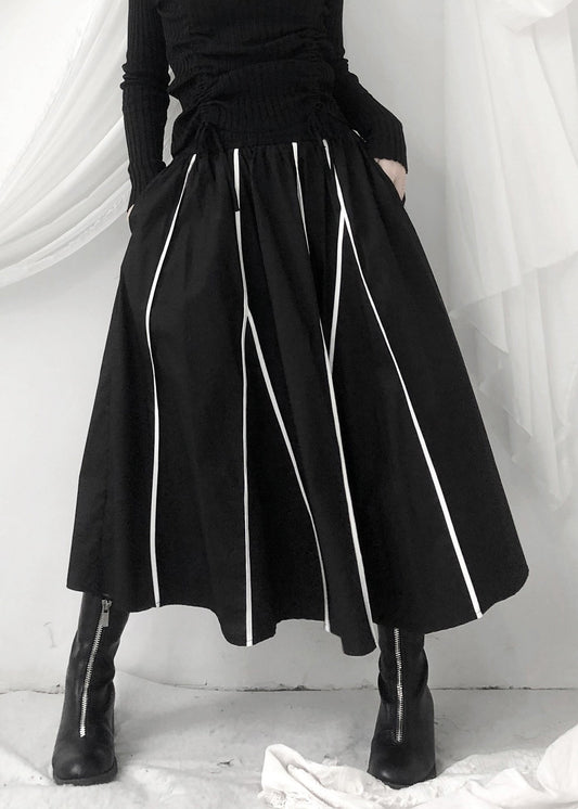 Black Striped Patchwork Pockets Elastic Waist Skirt Fall