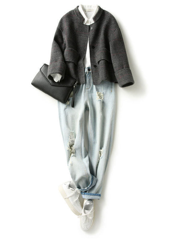 Grey Plaid Retro Loose Pockets Button Fall Winter Coat