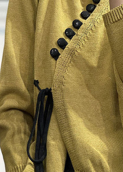 Yellow Asymmetrical Design Lace Up Knit Sweater Tops Winter