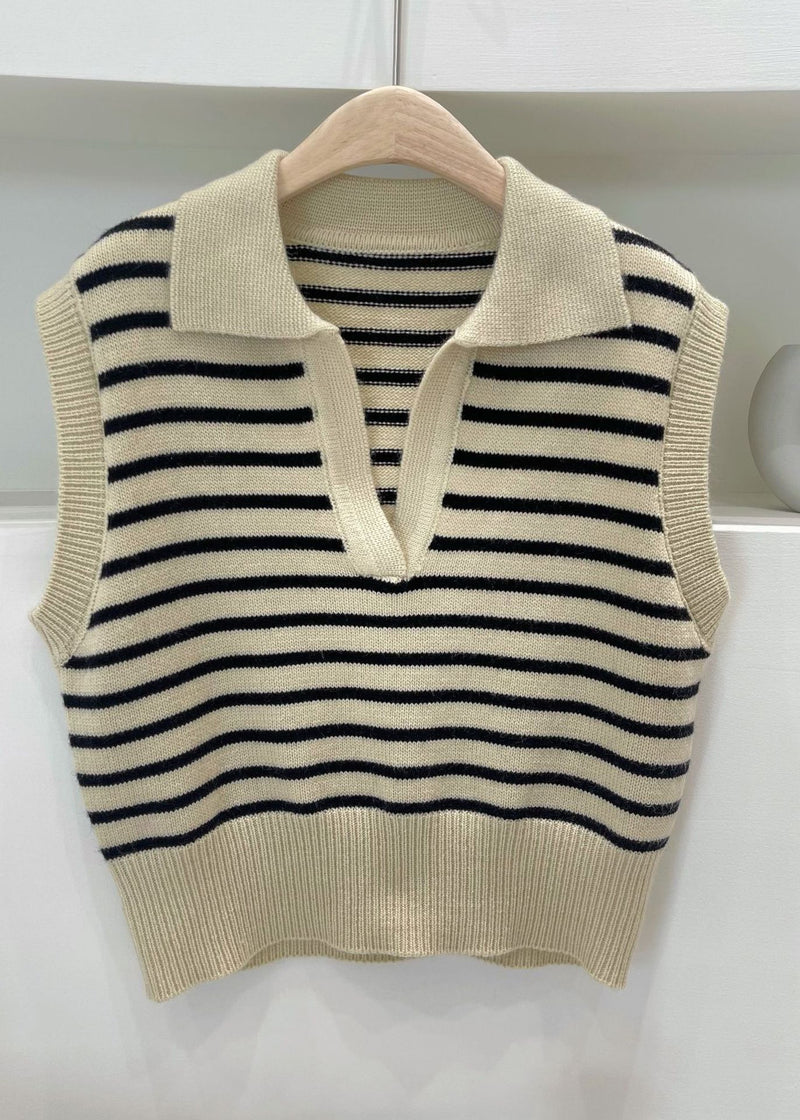 Peter Pan Collar Striped Knit Vest Tops Sleeveless