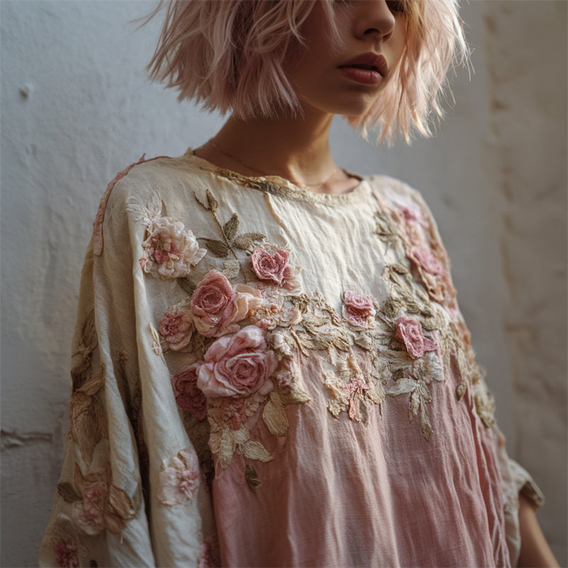 Vintage Cottage Pink Roses Fiber Art Contrast Linen Shirt elevenforest