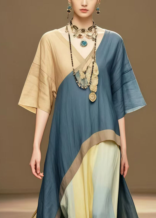 Navy Patchwork Cotton Long Dresses Asymmetrical Design Summer