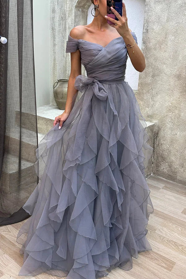First Impression Tulle Off Shoulder Tiered Ruffle Evening Maxi Dress Yellow