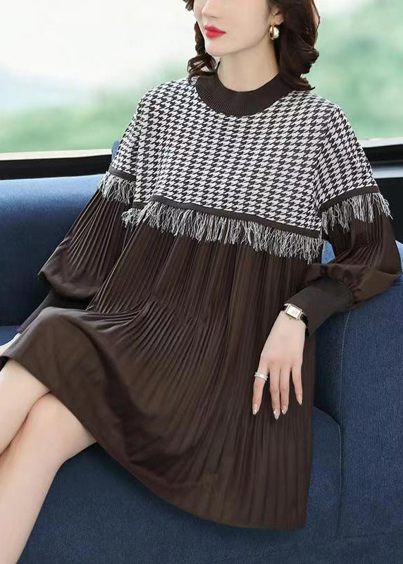 Coffee O-neck Tasseled Wrinkled Patchwork Cotton Mid Dress Lantern Sleeve