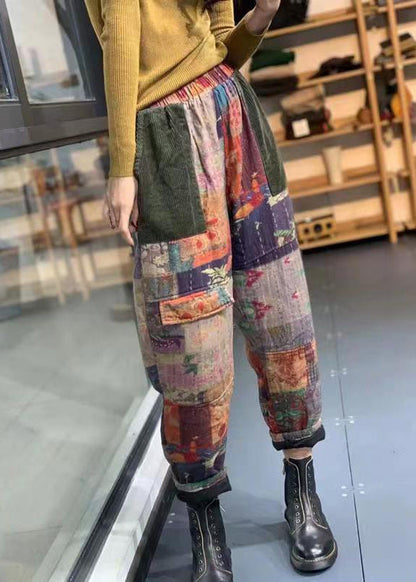 Purple Pockets Patchwork Fine Cotton Filled Pants Fall