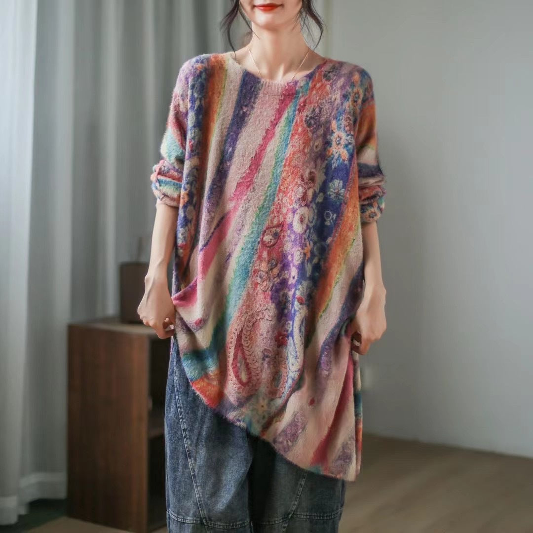 Retro Literary Print Mid-length Irregular Knitted Sweater
