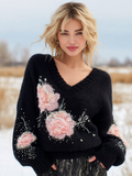 Comstylish Bohemian Style Floral Embroidery Women's V-neck Knitted Sweater