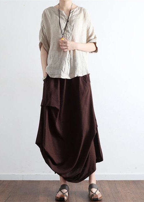 Chocolate Side Drawstring Linen Skirts Asymmetrical Oversized Cotton Skirt Outfit