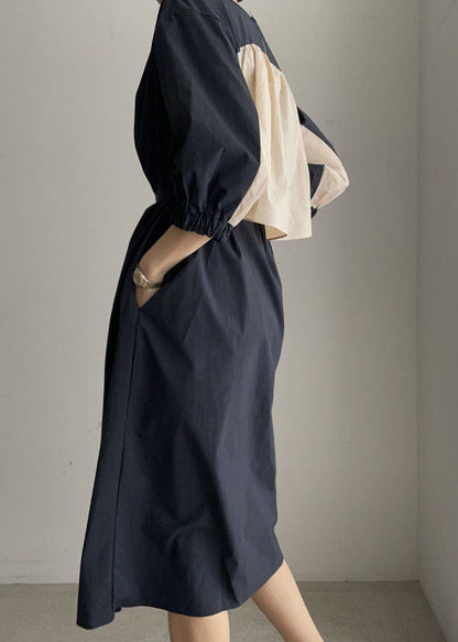 Navy O-neck Tie Waist Cotton Mid Dress Half Sleeve Long Dress