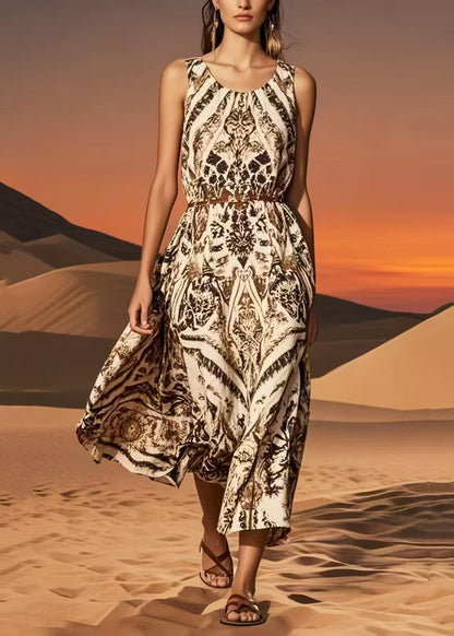 Brown O-neck Print Cotton Sundress Summer