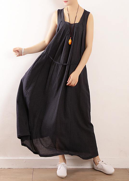 Dark Blue Linen Cotton Robes Fine Sewing Sleeveless Drawstring Maxi Summer Dresses