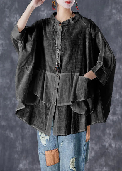 White Stand Collar Patchwork Linen Shirt Tops Batwing Sleeve