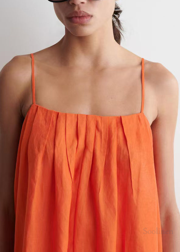 Orange Oversized Linen Spaghetti Strap Dress Summer