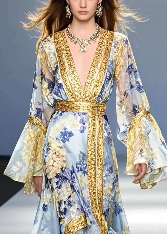 Blue Print Patchwork Chiffon Holiday Dress Flare Sleeve