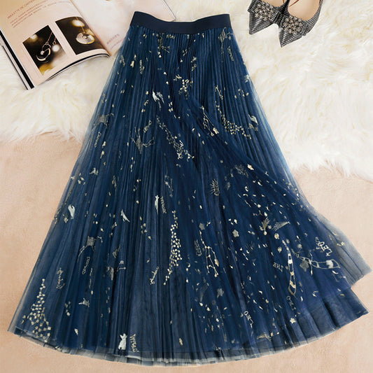 Blue Print Tulle Pleated Skirts Summer