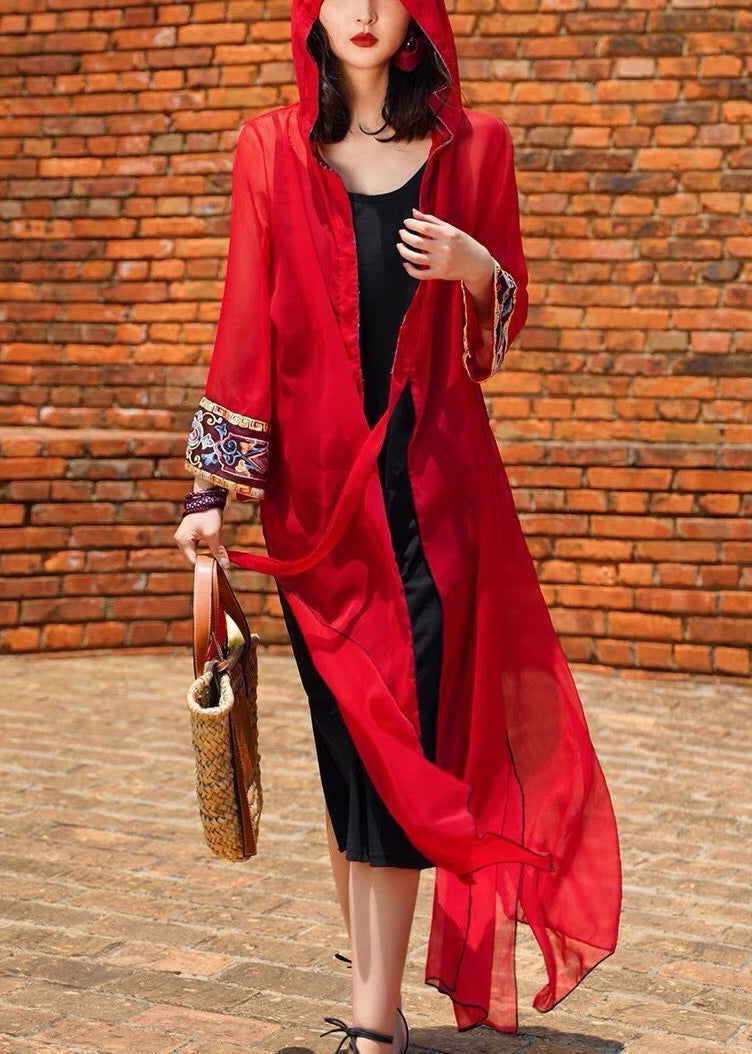 Red Hooded Lace Up Chiffon Long Cardigans Spring