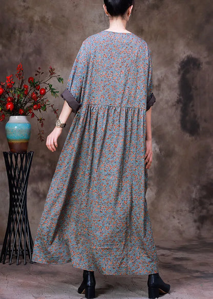 Style O-neck Print Wrinkled Silk Ankle Dress Long Sleeve