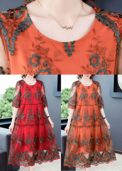 Red O-neck Embroideried Tulle Vacation Dress Half Sleeve