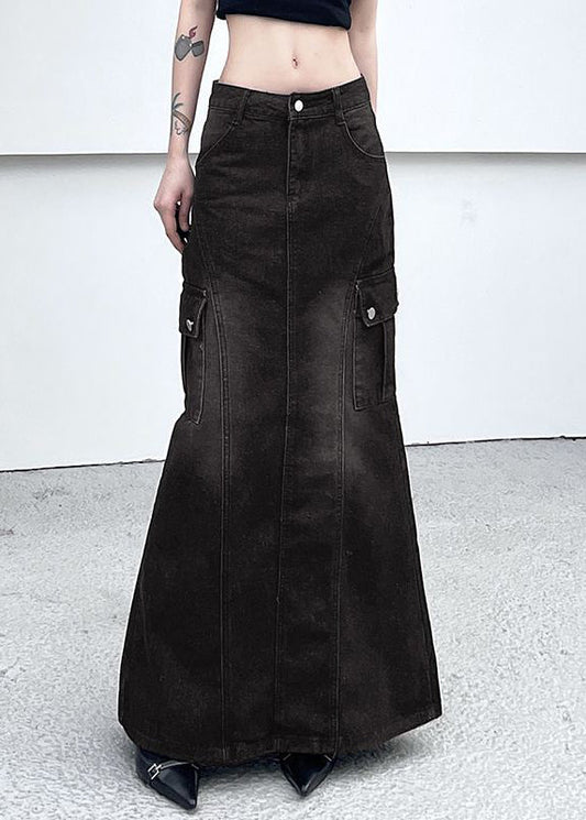Dark Gray Pockets Side Open Denim Skirt Summer