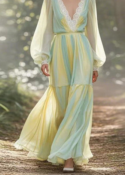V Neck Lace Wrinkled Patchwork Chiffon Dresses Spring